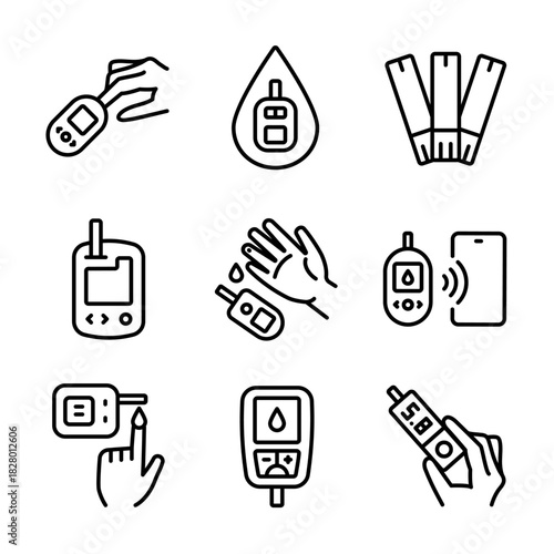 Glucometer Device outline icons set. Performing blood glucose tests using glucometers. Glucose Test, Diabetic Consultation, Health Support.
