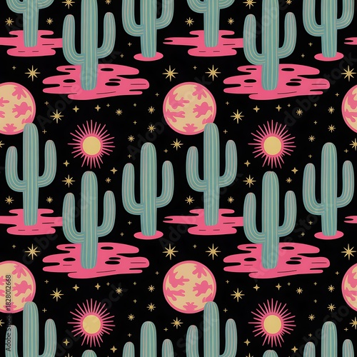 Whimsical desert night sky pattern with saguaro cacti and glowing planets