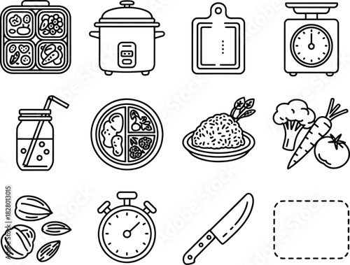 Modern vector line art icons for kitchen essentials, healthy eating, and meal preparation, ideal for clean graphic design adaptable to fresh visual projects