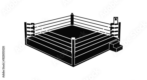 Boxing ring isometric view with ropes and stairs silhouette