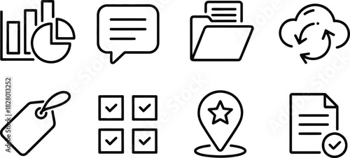 Collection of outline icons representing business analytics, communication, data storage and location services