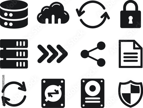 Comprehensive set of digital technology icons featuring database management, cloud computing, data security, network sharing, server operations, and file storage solutions for modern systems