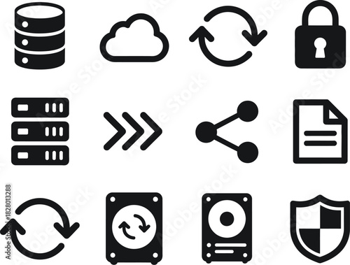 A collection of glyph icons representing data storage, cloud computing, file synchronization, and network security concepts
