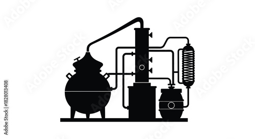 Distillation apparatus illustration for alcohol production in silhouette style silhouette