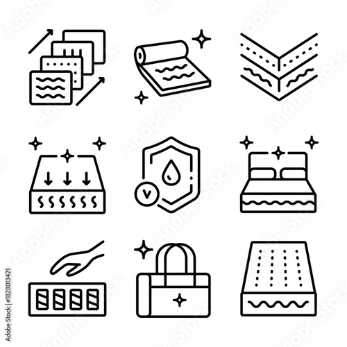 Mattress for sleeping outline icons set. Memory foam symbols shows different types of mattresses with features like breathability, firmness, and pressure relief.