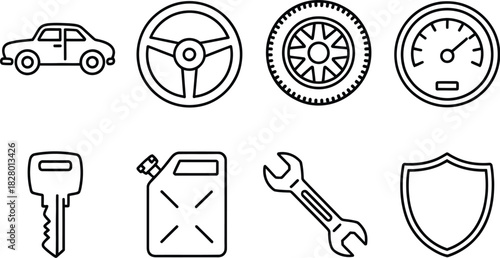Collection of vehicle and automobile related icons including car, steering wheel, tire, speedometer, key, gas can, wrench, and shield for automotive services or transport concepts
