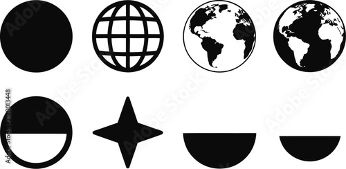 Collection of diverse graphic icons including globes, geometric shapes, and abstract symbols