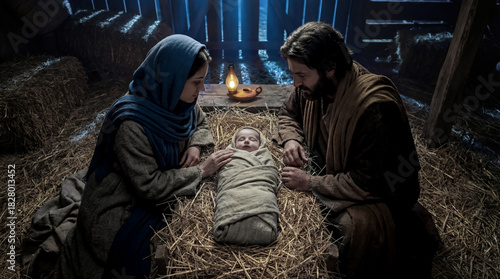 A moving New Testament nativity moment showing Mary and Joseph lovingly watching over baby Jesus asleep in a manger, symbolizing hope and peace.