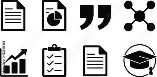 Essential vector icons representing business analytics, educational concepts, communication tools, and data management for diverse professional and academic applications