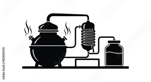 Distillation apparatus illustration for chemical or pharmaceutical process silhouette