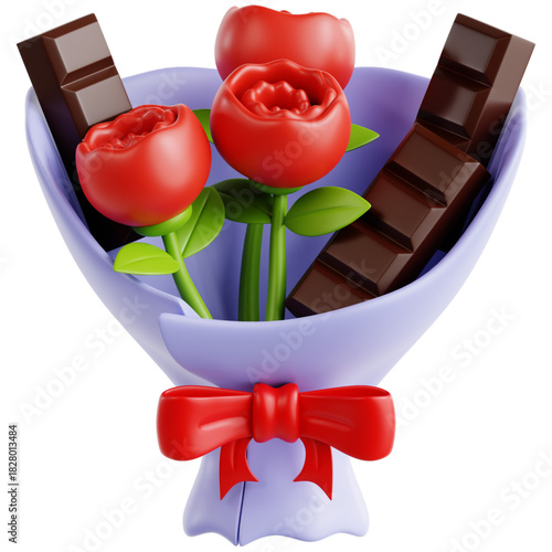 Romantic Bouquet of Roses and Chocolate - 3D Render