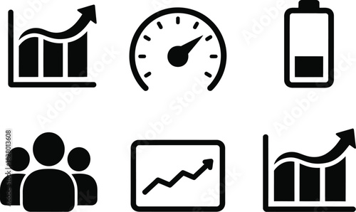 Diverse Icon Set Charts, Gauges, Team, Battery, and Progress Visualization for Various Applications