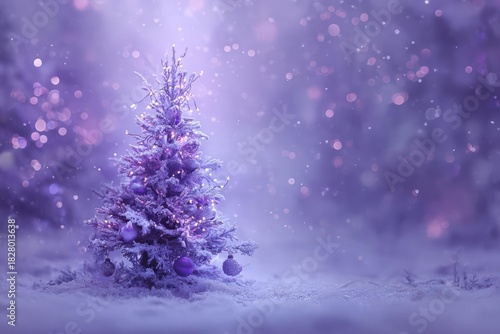 Enchanting winter forest scene with a single decorated christmas tree in soft purple hues and falling snowflakes