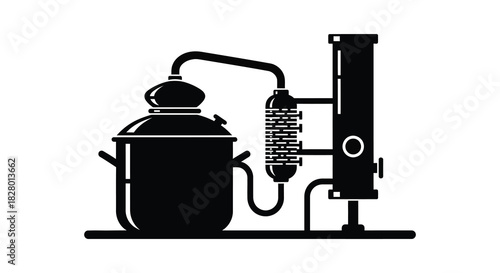 Distillation apparatus illustration alcohol production equipment silhouette