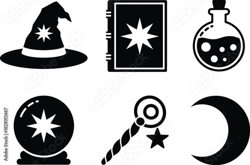 Fantasy vector icons featuring a wizard hat, star spellbook, potion bottle, crystal ball, magic wand, and crescent moon, ideal for mystical graphic designs