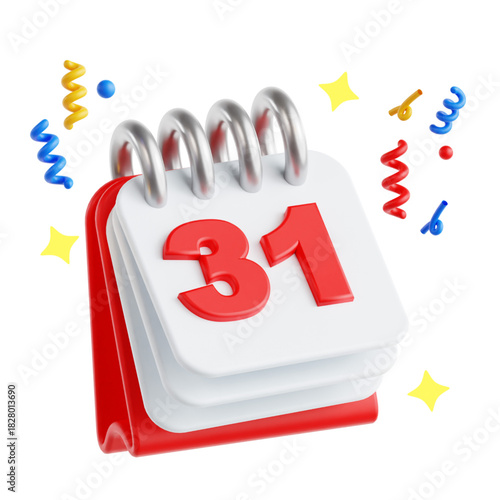3D Render of a Calendar Page with the Number 31 and Confetti