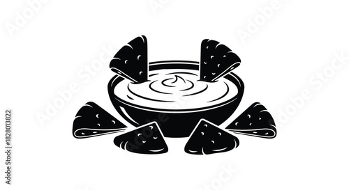 Delicious dip with tortilla chips illustration in black and white silhouette