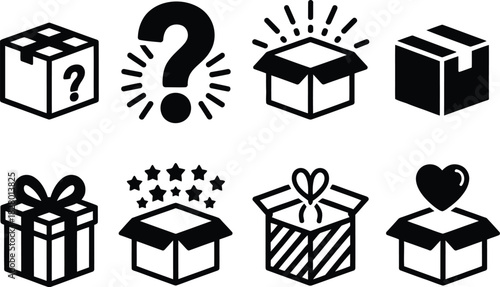 A versatile collection of minimalist vector icons featuring gift boxes, surprise packages, and delivery concepts, perfect for enhancing e-commerce interfaces and celebratory announcements
