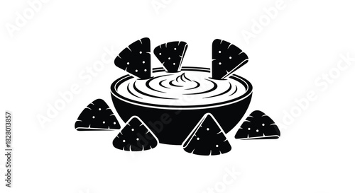 Bowl of dip with tortilla chips illustration in silhouette style silhouette