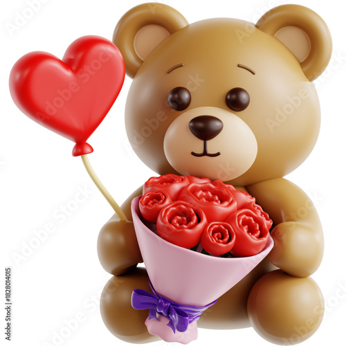 Teddy Bear Holding a Bouquet of Roses and a Heart Balloon A Romantic 3D Illustration