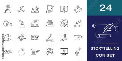 Collection of icons for storytelling. Narrative, plot, dialogue, script, video content, strategy, influencer, inspiration, communication, content, marketing and viral content are all included.
