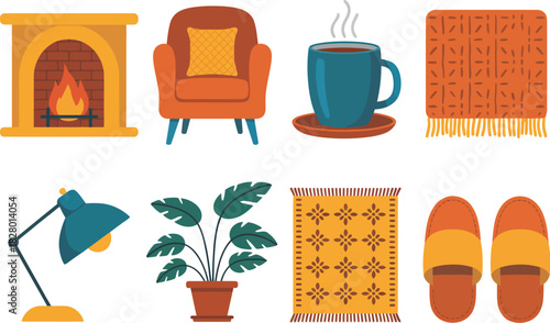 A charming collection of flat design icons depicting cozy home elements. This set includes a fireplace, armchair, hot drink, knitted blanket, and house slippers