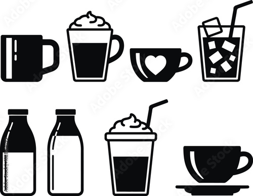 A diverse collection of minimalist beverage icons, showcasing various hot and cold drinks like coffee mugs, creamy lattes, iced beverages, and milk bottles, ideal for menus and graphic design