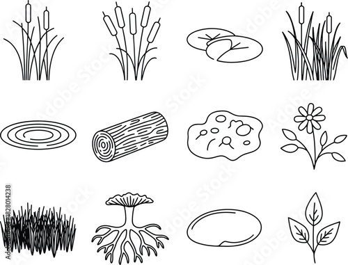 Outline vector icons set depicting various natural pond and wetland elements like aquatic plants, water ripples, logs, flowers, grass, roots, and stones for nature designs