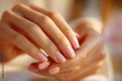 Wallpaper Mural Close up of hands applying soft warm light pink nail polish, showcasing elegant manicured nails and a serene atmosphere, perfect for beauty and self-care themes Torontodigital.ca
