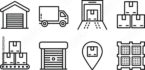 Warehouse, Delivery, and Logistics Icon Set Truck, Boxes, and Storage in Modern Outline Style