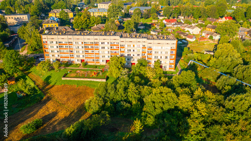 Rezekne, Latgale ,Latvija. Aerial photo from drone to of Rezekne city center at sunrise. (Series)