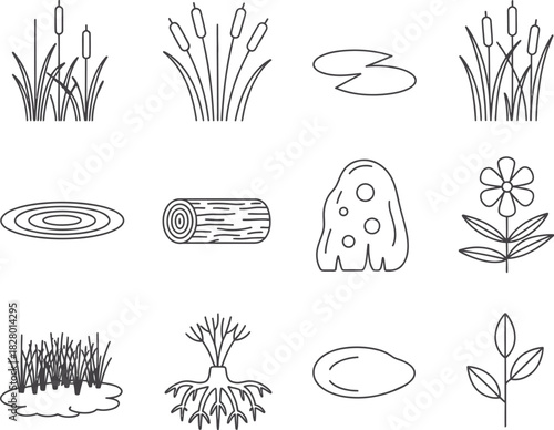 A collection of twelve simple line icons depicting pond life and nature elements, including cattails, lily pads, a log, and plant roots