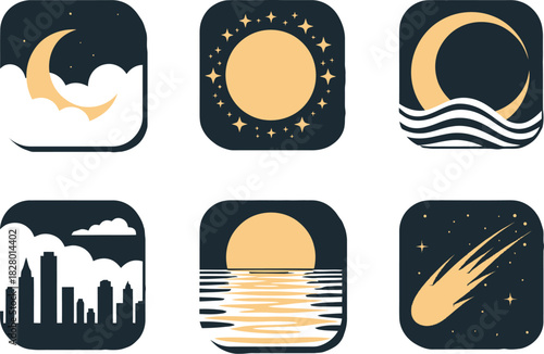 Wallpaper Mural Set of six flat design icons depicting celestial bodies, weather, and cityscapes in a dark blue and yellow color scheme Torontodigital.ca