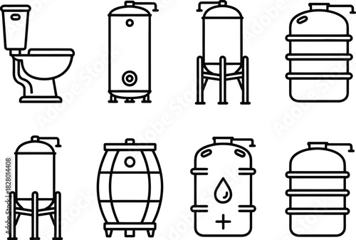Diverse Tank and Container Icons Toilet, Water Heater, and Storage Solutions in a Line Art Style