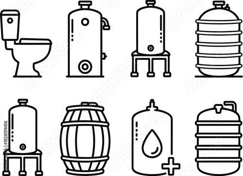 Set of Water Storage and Sanitation Icons Toilet, Water Heater, Tanks, and Barrel