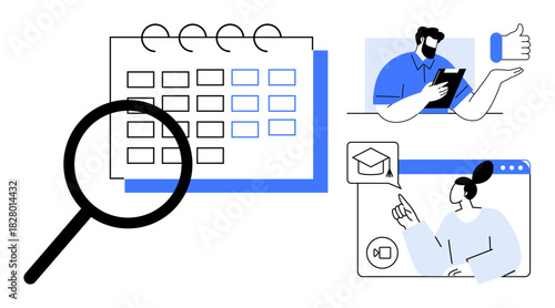 Calendar with magnifying glass, man holding tablet with thumbs up, and woman in video call with graduation cap bubble. Ideal for education, remote work, time management, learning, collaboration