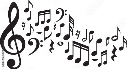 Black silhouette of musical notes set on white background, vector