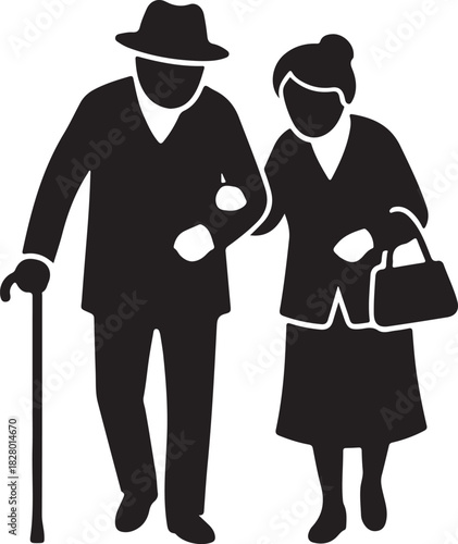 Black silhouette of old couple walking on white background, vector