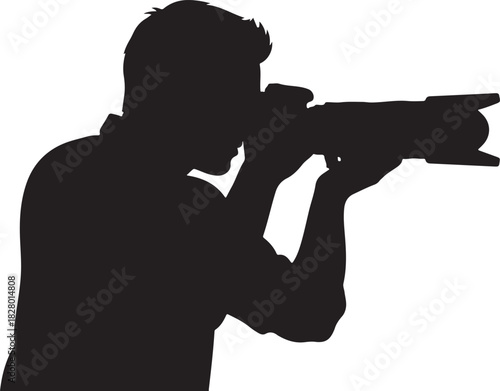 Black silhouette of photographer taking photo on white background, vector