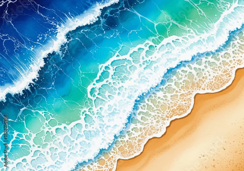 Dynamic watercolor illustration of ocean waves crashing on a sandy beach, aerial view, serene coastal beauty