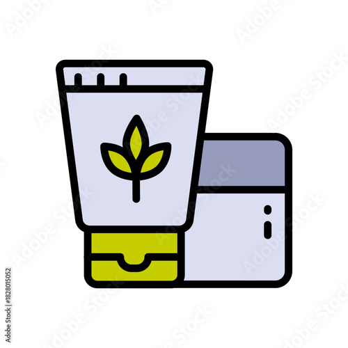 Organic cosmetics symbol. Natural cosmetics color icon. Cream jar, container, bio skin care, body, face skin cream, moisturizer lotion. Paraben free. Vector isolated illustration.