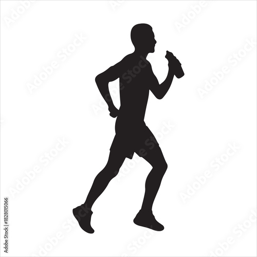 Running man silhouette drinking water from a bottle, isolated on a clean white background. athlete exercising for fitness and health.
