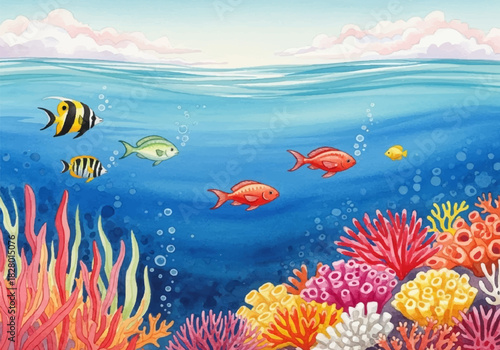 Underwater paradise a stunning watercolor depiction of exotic fish swimming among vibrant corals
