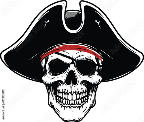 Pirate skull with hat and bandana vector illustration, spooky cartoon design for adventure themes, Halloween, danger, rebellion, and fantasy