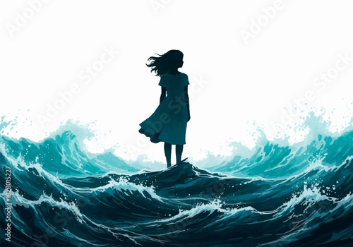 Poignant watercolor illustration of a solitary figure standing firm on a rock amidst dramatic ocean waves
