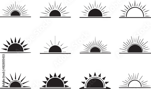 Collection of stylized sunburst icons in black and white sunrise sunset