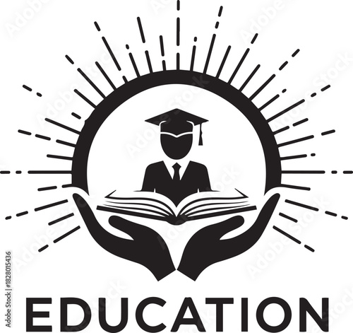 Education icon with graduate holding book supported by hands graduation gown