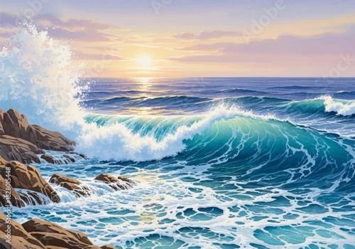 Vibrant Coastal Seascape Dynamic Ocean Waves Crashing Against Rocks at Sunset, a Captivating Watercolor Painting