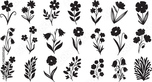 Twenty-one stylized black floral and botanical icons on white flower tulip