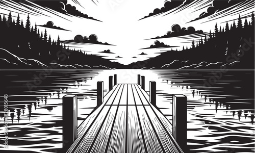 Wooden pier leading into a lake with forest and dramatic sky dock jetty